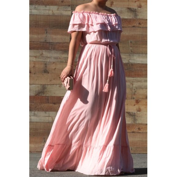 SOLD OUT Plus Size Pink Boho Off Shoulder Ruffle Maxi Dress - Picture 2 of 4